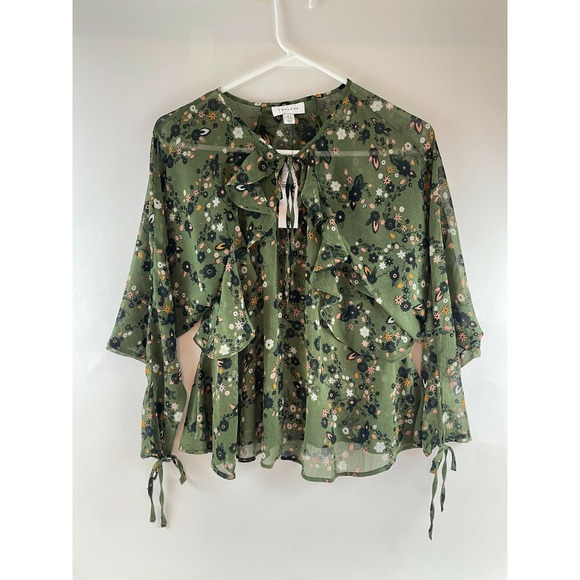 Topshop Tops - Topshop Blouse Women's Size 4 Green Floral Ruffles Long Sleeve Sheer Soft Top